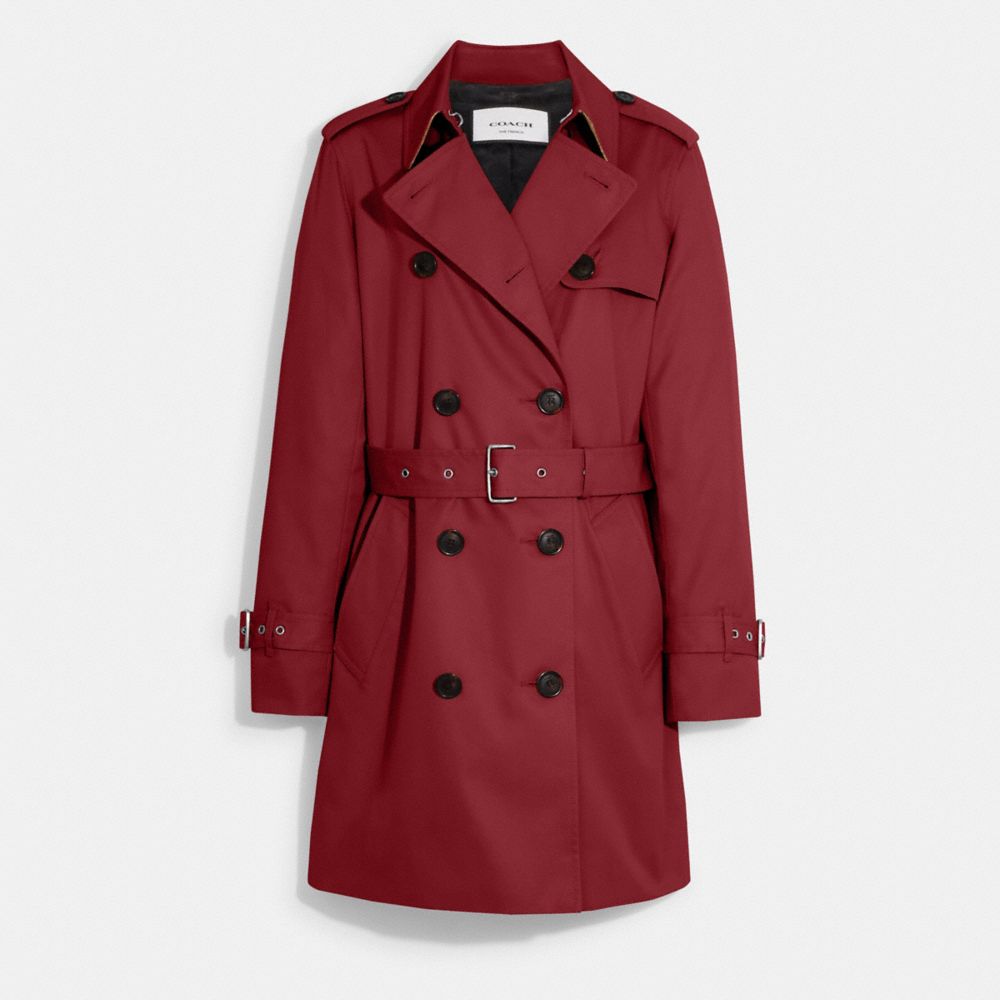 COACH®,Solid Mid Trench Coat,Cotton,Viscose,Polyester,Trench,Button,Center Back Vent,Ripstop,Work,Maroon,Front View