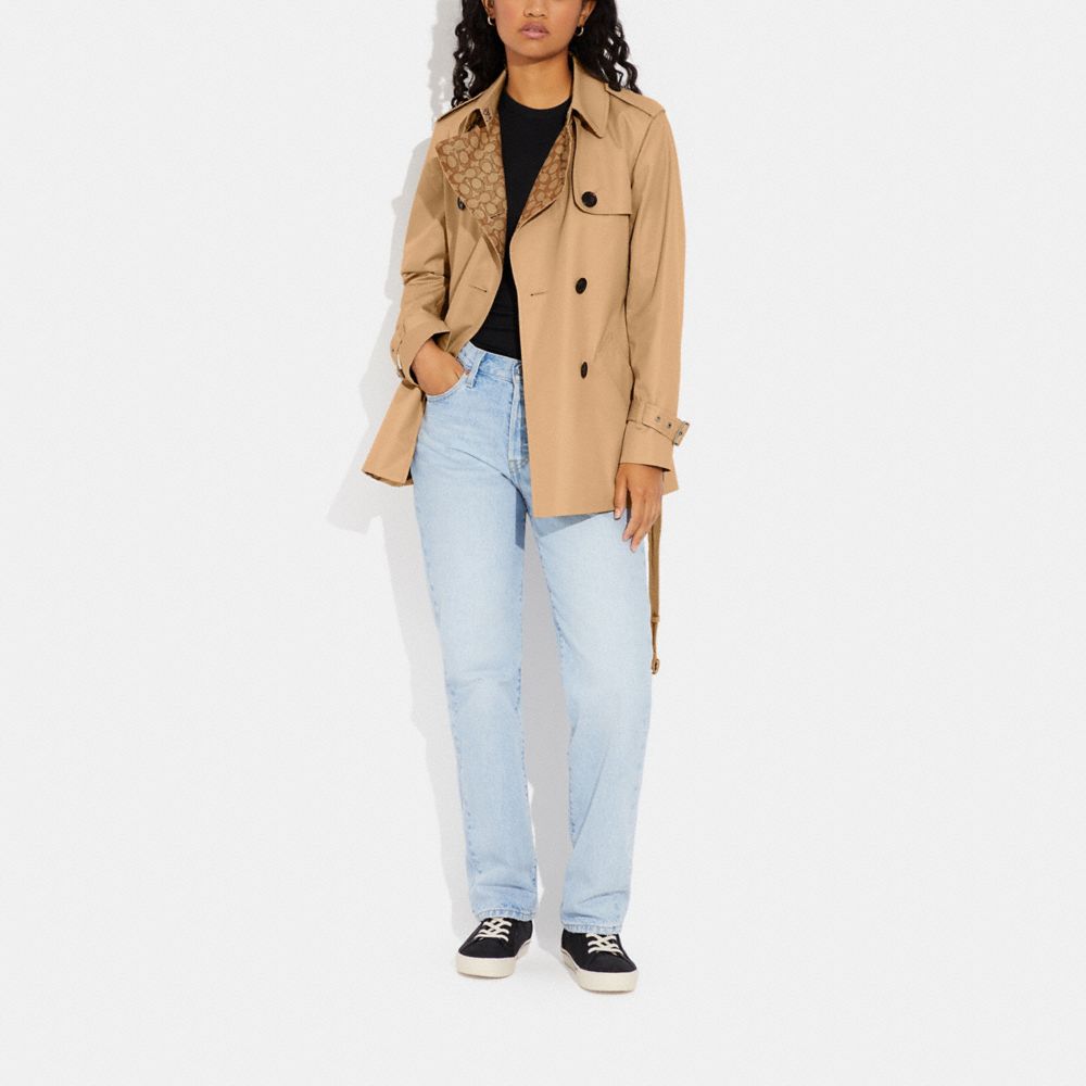 COACH®,SIGNATURE LAPEL SHORT TRENCH COAT,Classic Khaki,Scale View