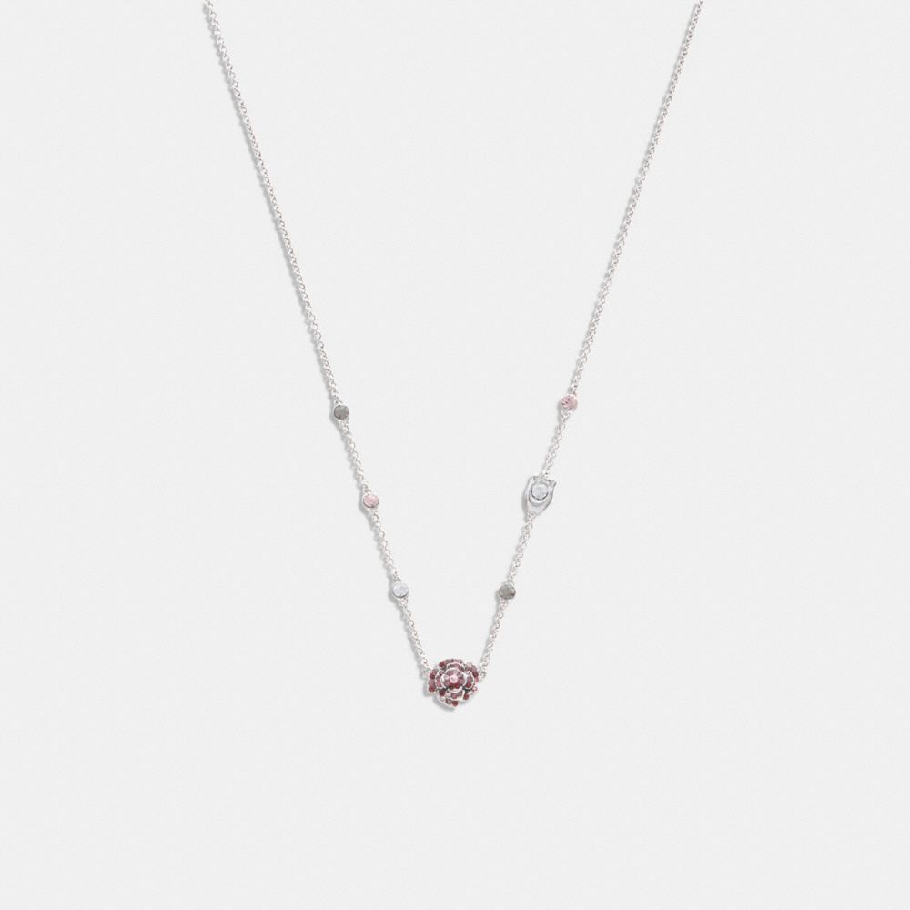COACH®,SPARKLING ROSE STONE NECKLACE,Silver/Pink,Front View