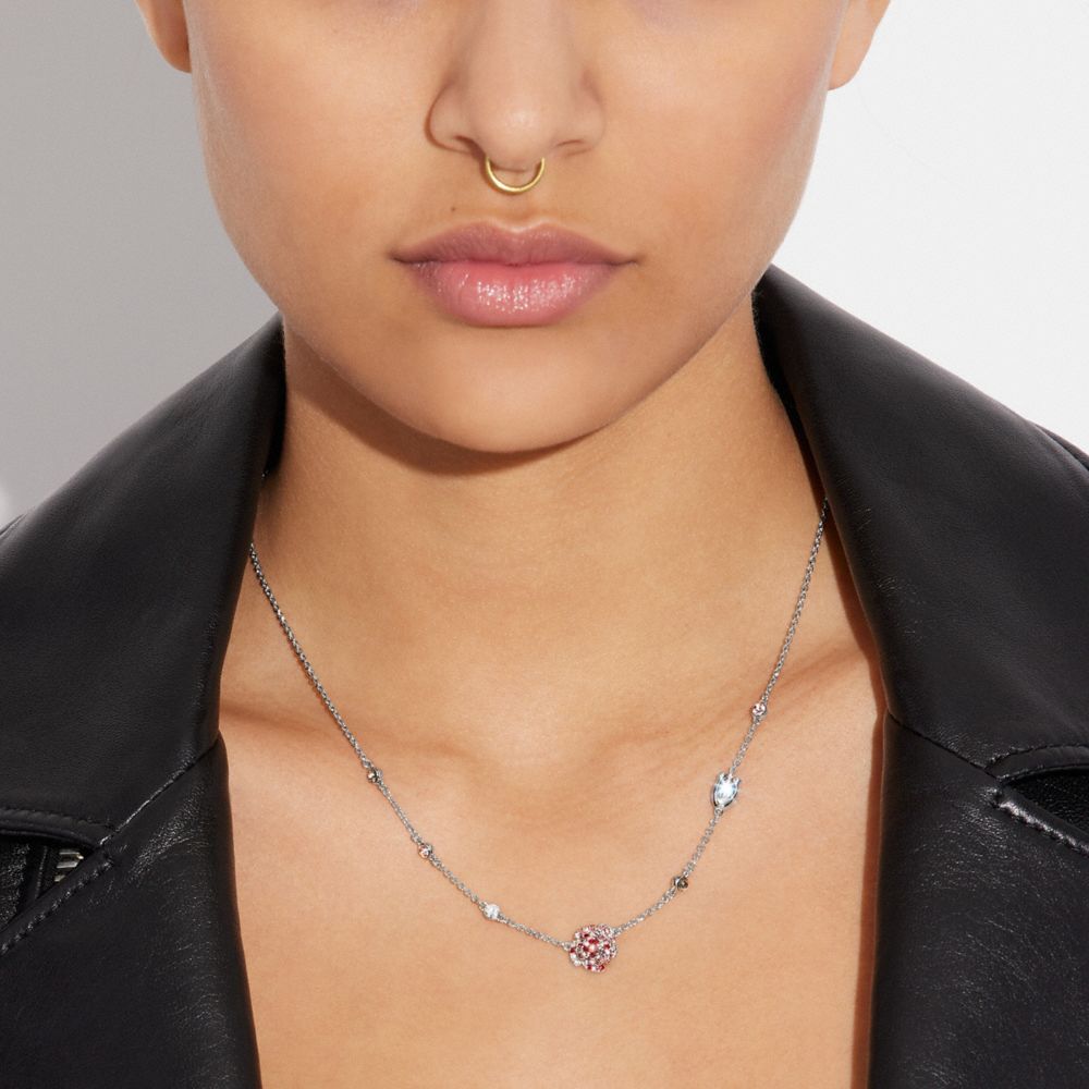 COACH®,SPARKLING ROSE STONE NECKLACE,Silver/Pink,Detail View