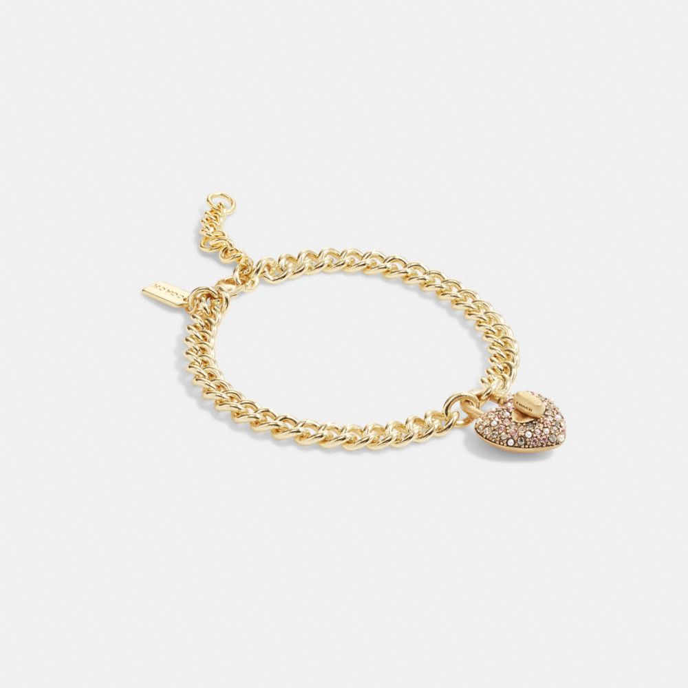 COACH®,HEART TURNLOCK PAVÉ CHAIN LINK BRACELET,Gold/Pink Multi,Front View