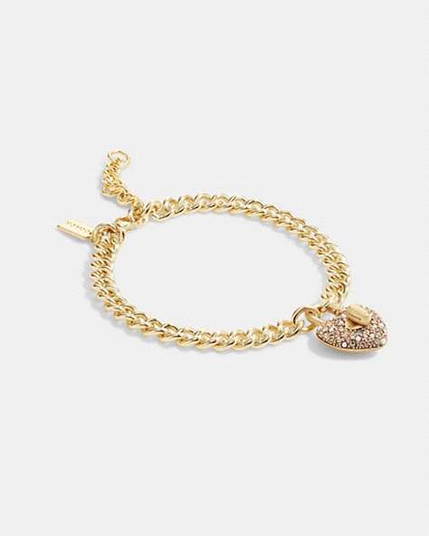 COACH®,HEART TURNLOCK PAVÉ CHAIN LINK BRACELET,Brass,Gold/Pink Multi,Front View