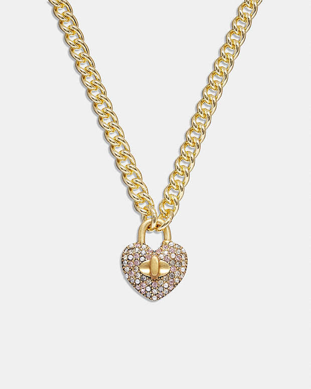 COACH® | Heart Turnlock Pavé Chain Link Necklace