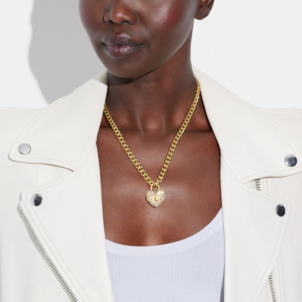 COACH® | Heart Turnlock Pavé Chain Link Necklace