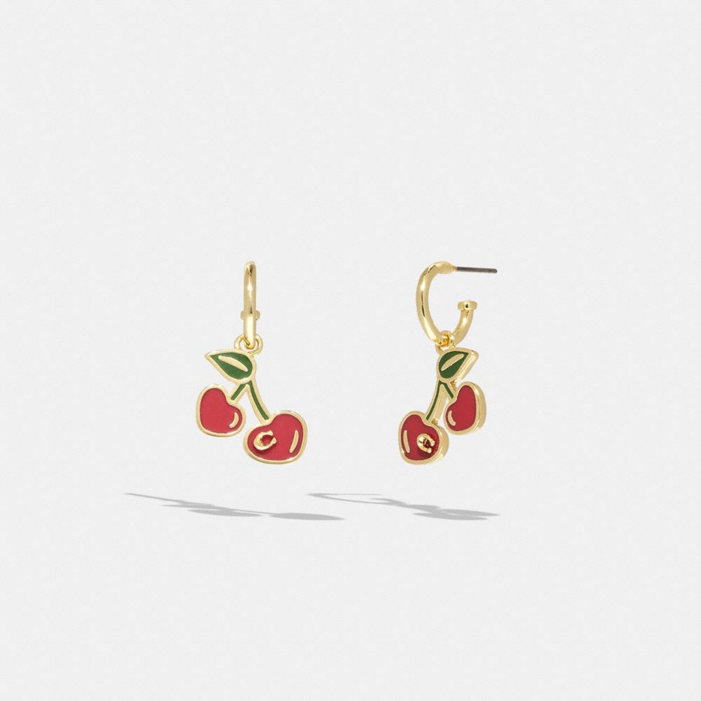 COACH®,HEART CHERRY HUGGIE EARRINGS,Gold/Red,Inside View,Top View