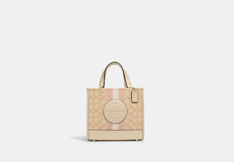 COACH®,DEMPSEY TOTE 22 IN SIGNATURE JACQUARD WITH STRIPE AND COACH PATCH,Jacquard,Medium,Im/Lt Khaki/Metallic Soft Gold,Front View
