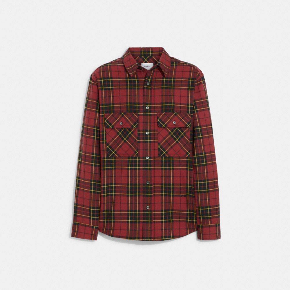 COACH®,RELAXED BUTTON UP SHIRT,Crimson Tartan,Front View