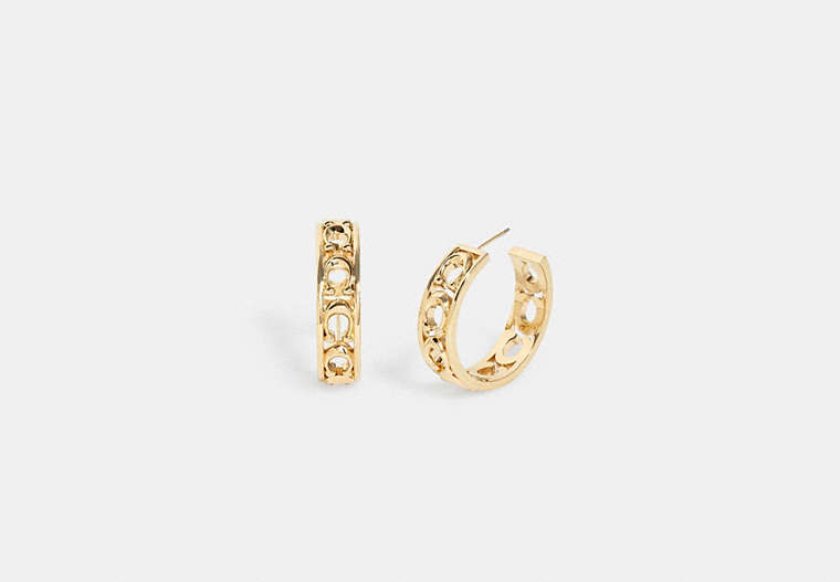 COACH®,SIGNATURE METAL HOOP EARRINGS,Brass,Gold,Front View