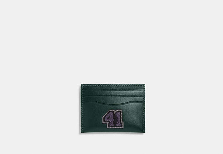COACH®,CARD CASE WITH VARSITY PATCH,Glovetanned Leather,Forest Multi,Front View