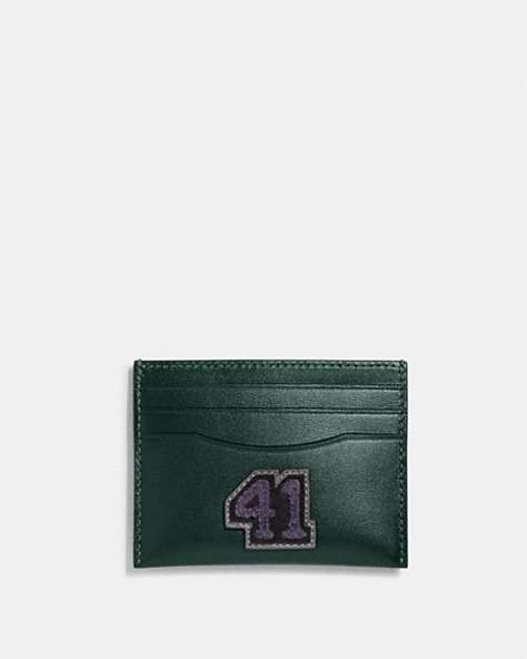 COACH®,CARD CASE WITH VARSITY PATCH,Glovetanned Leather,Forest Multi,Front View