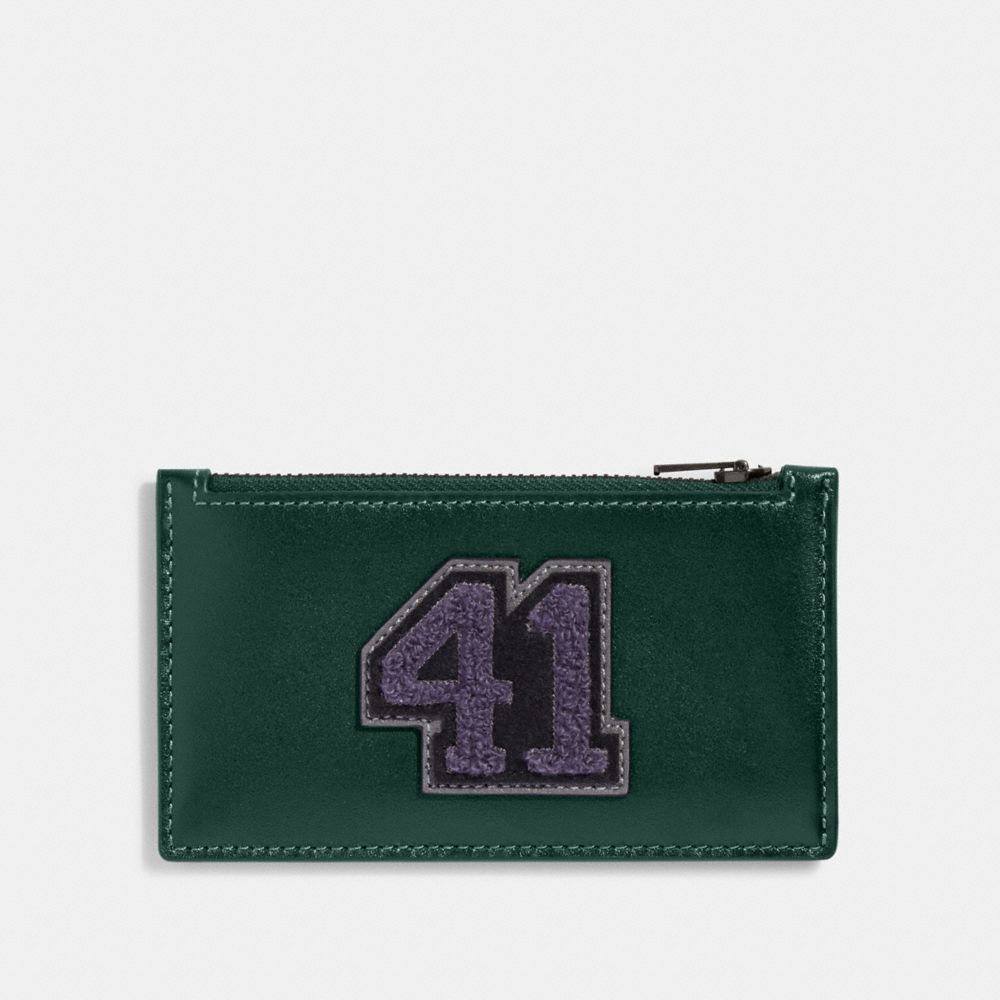 COACH®,ZIP CARD CASE WITH VARSITY PATCH,Forest Multi,Front View image number 0