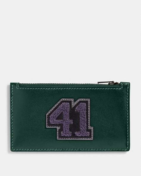 COACH®,ZIP CARD CASE WITH VARSITY PATCH,Glovetanned Leather,Forest Multi,Front View