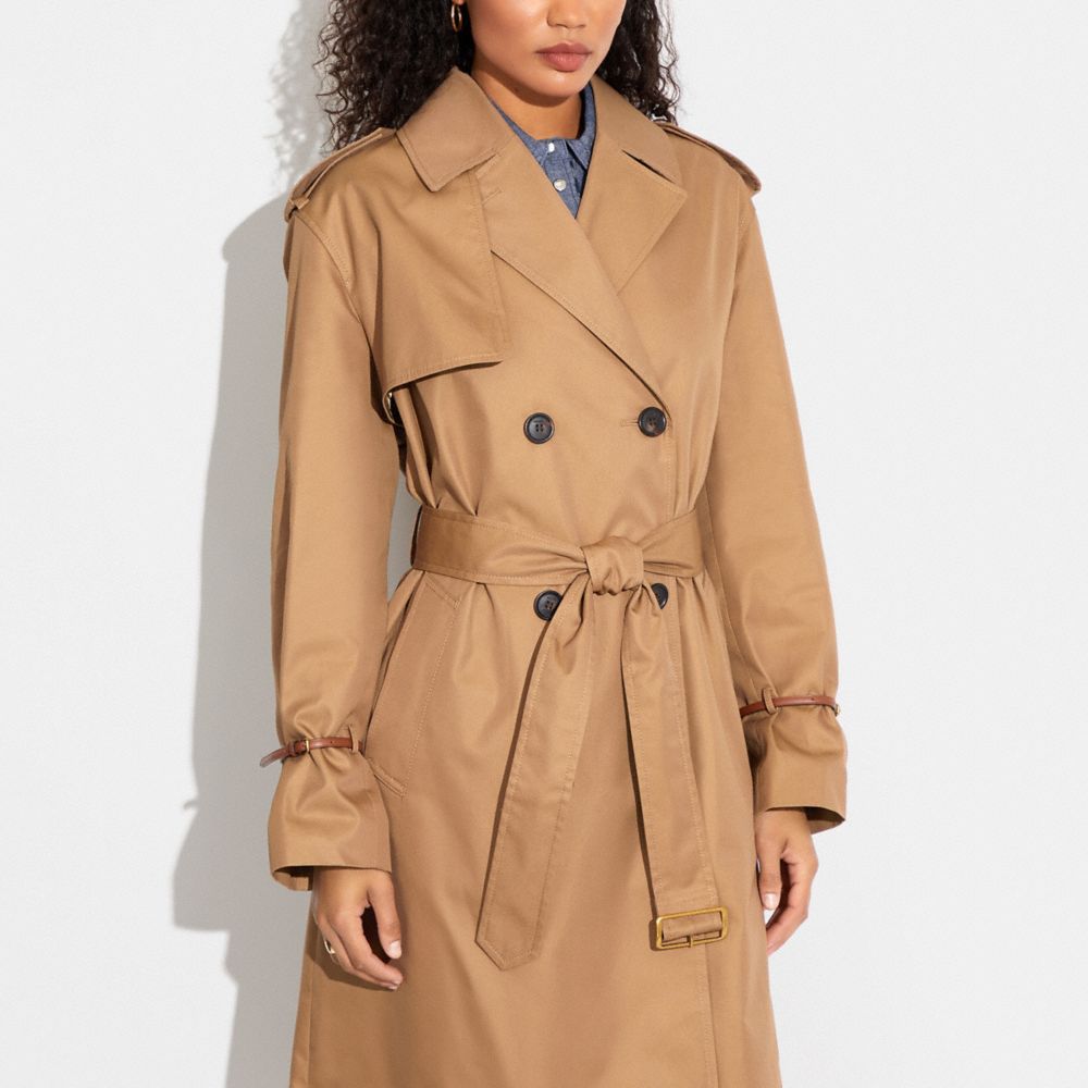 COACH®,Relaxed Double Breasted Trench Coat,Cotton,Trench,Button,Ripstop,Work,Brown,Detail View