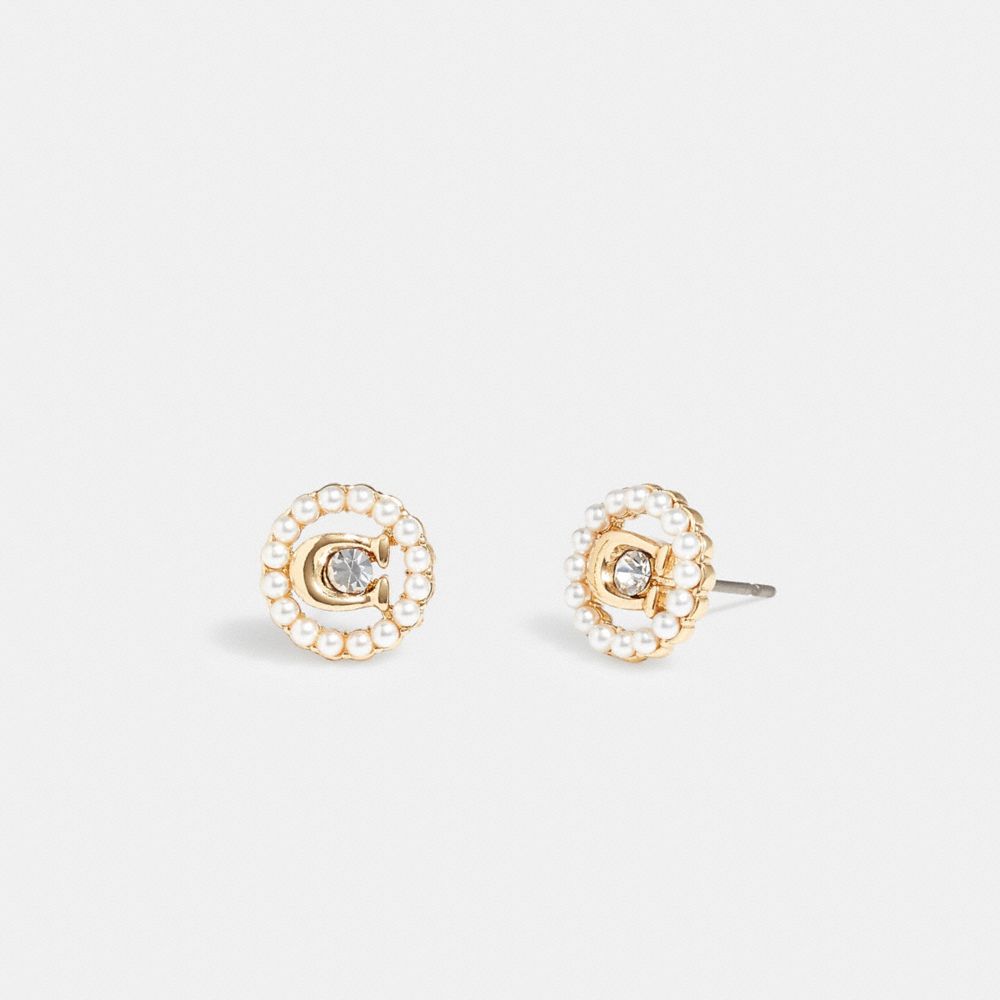 COACH®,Signature Crystal Pearl Stud Earrings,Studs,Pearl,Glass,Cubic Zirconia,Crystal,Logo,Pearl,Gem Embellishment,Letteri...,White,Front View