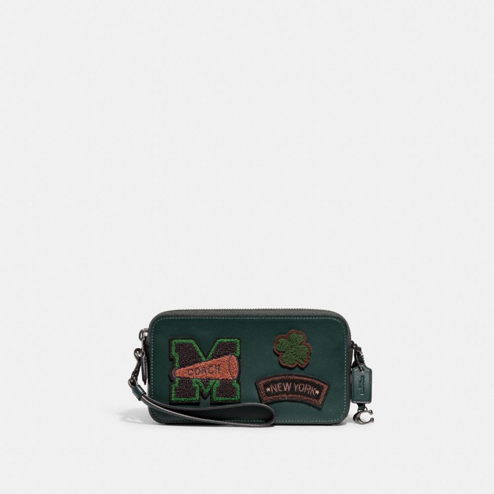 COACH®,KIRA CROSSBODY BAG WITH VARSITY PATCHES,Glovetanned Leather,Mini,Pewter/Forest,Front View image number 0