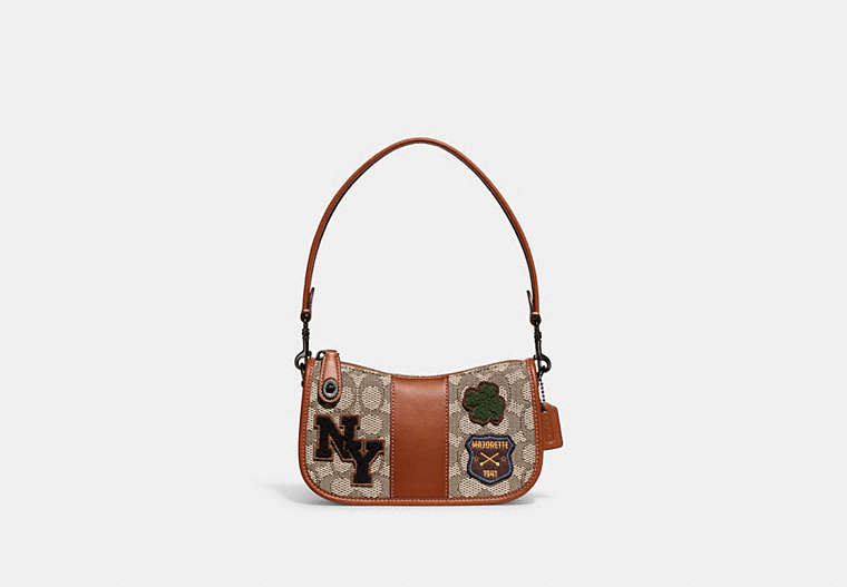 COACH®,SWINGER BAG 20 IN SIGNATURE JACQUARD WITH VARSITY PATCHES,Signature Jacquard,Small,Pewter/Burnished Amber,Front View