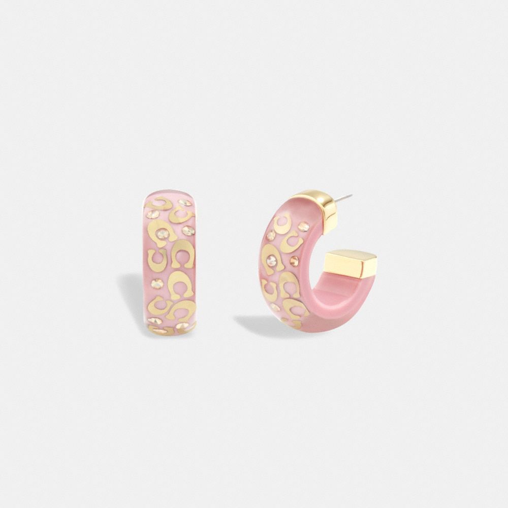 COACH®,SIGNATURE CHUNKY HOOP EARRINGS,Gold/Pink,Front View