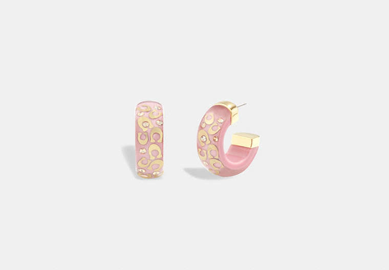 COACH®,SIGNATURE CHUNKY HOOP EARRINGS,Plated Brass,Gold/Pink,Front View