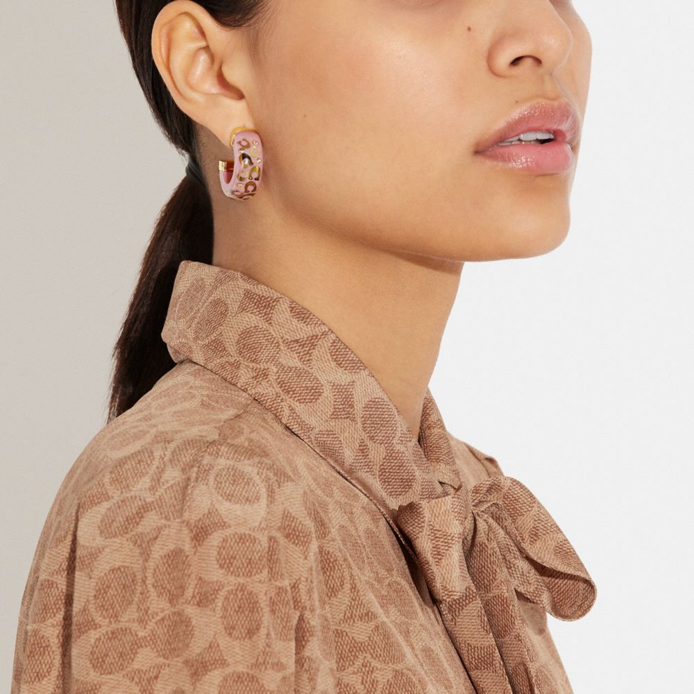 COACH®,SIGNATURE CHUNKY HOOP EARRINGS,Gold/Pink,Detail View