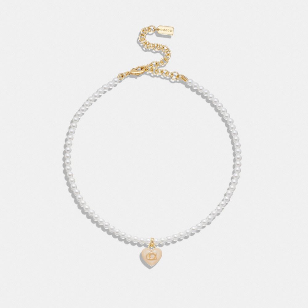 COACH Signature Heart Pendant Pearl Choker Necklace