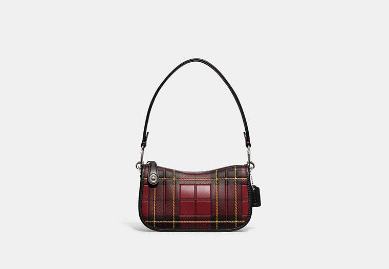 COACH®,SWINGER 20 WITH PLAID PRINT,Smooth Leather,Small,Silver/Cherry Multi,Front View