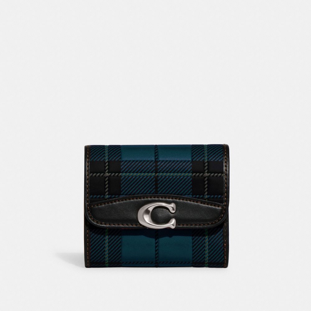 COACH®,BANDIT WALLET WITH PLAID PRINT,Glovetanned Leather,Plaid,Silver/Green Multi,Front View image number 0