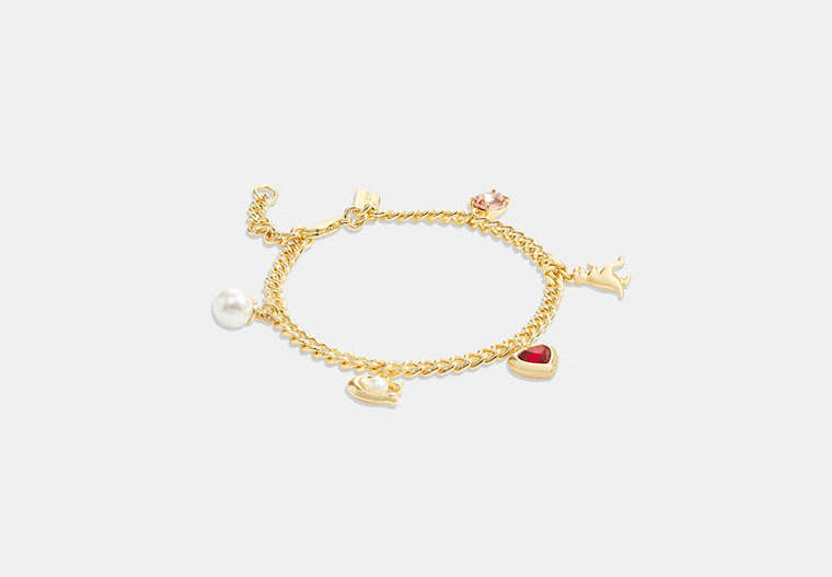 COACH®,SIGNATURE STONE AND HEART CHARM BRACELET,Gold/Red,Front View