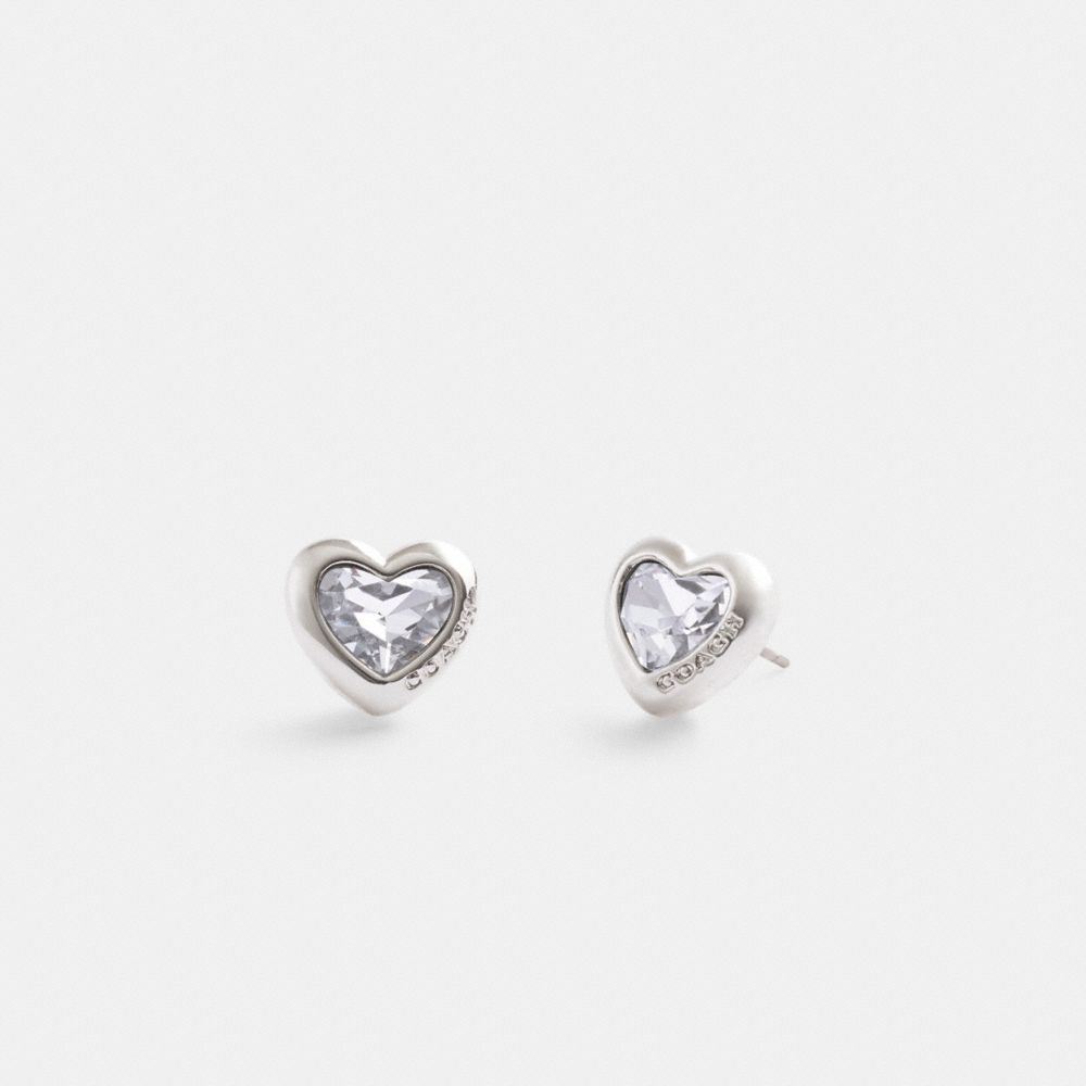 COACH®,HEART STUD EARRINGS,Silver & Clear,Front View