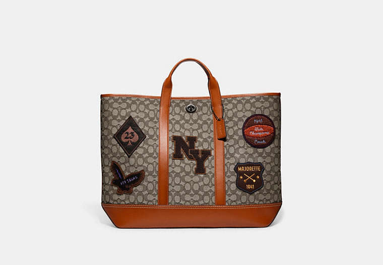 COACH®,TOBY TURNLOCK TOTE IN SIGNATURE TEXTILE JACQUARD WITH VARSITY PATCHES,Signature Jacquard,X-Large,Cocoa Multi,Front View
