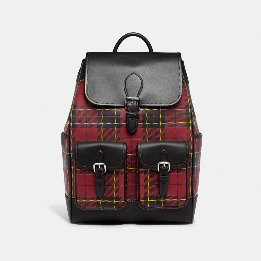 COACH®,FRANKIE BACKPACK WITH PLAID PRINT,Glovetan Leather,X-Large,Plaid,Cherry Multi,Front View