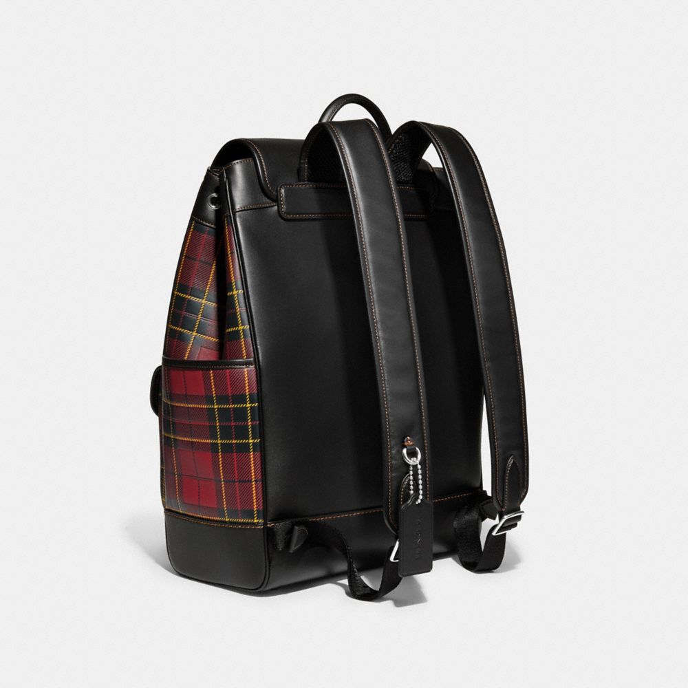 COACH®,FRANKIE BACKPACK WITH PLAID PRINT,Glovetan Leather,X-Large,Plaid,Cherry Multi,Angle View