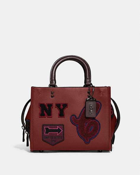 COACH®,ROGUE BAG 25 WITH VARSITY PATCHES,Smooth Leather,Medium,Pewter/Cardinal,Front View