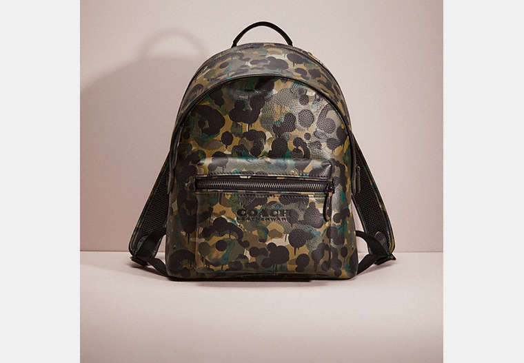 COACH®,RESTORED CHARTER BACKPACK WITH CAMO PRINT,Polished Pebble Leather,Large,Matte Black/Green/Blue,Front View
