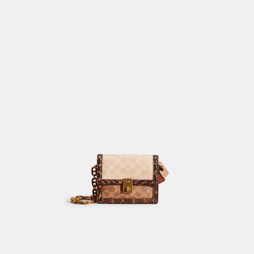 COACH®,UPCRAFTED BELT BAG IN BLOCKED SIGNATURE CANVAS WITH SNAKESKIN,Brass/Tan Sand,Front View