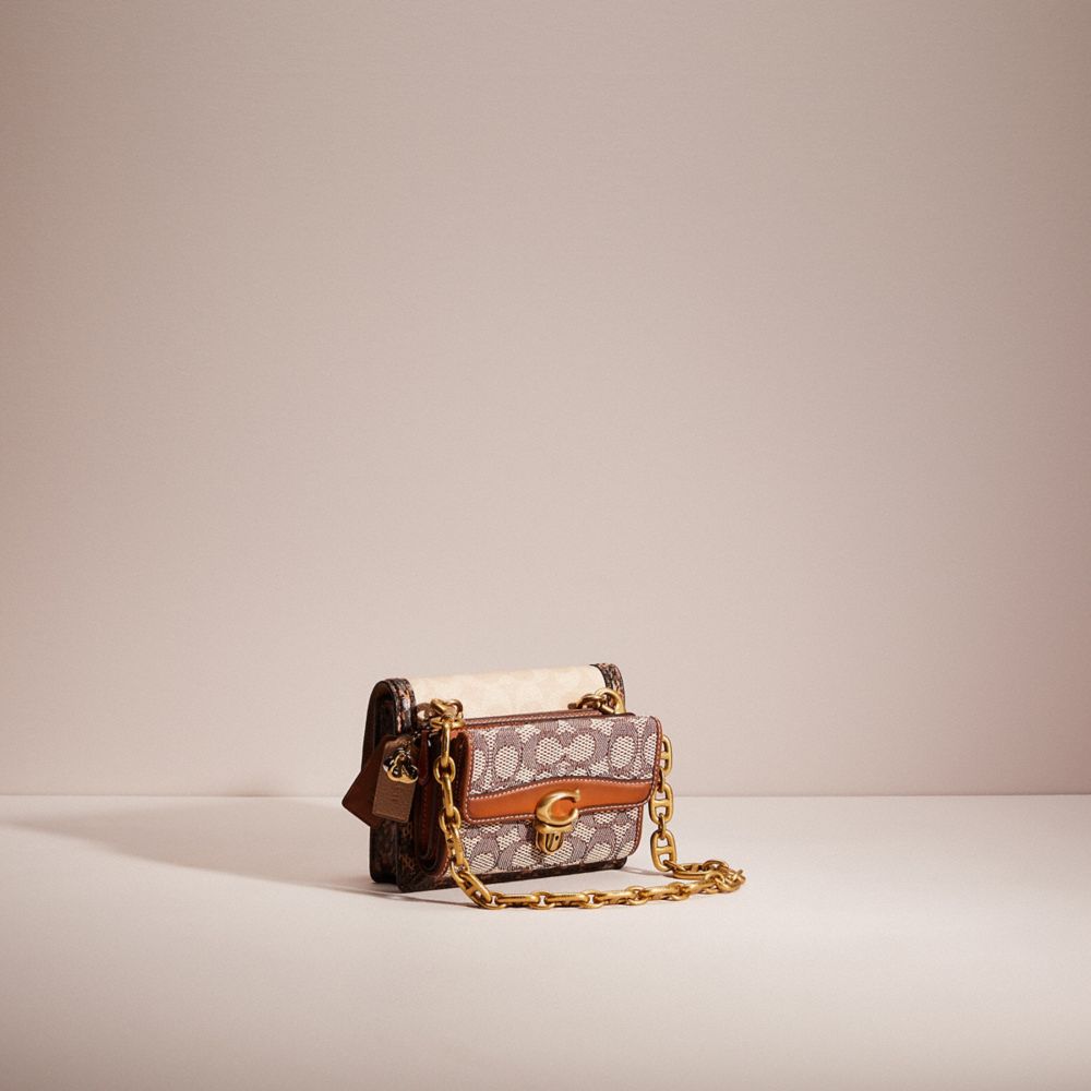 COACH®,UPCRAFTED BELT BAG IN BLOCKED SIGNATURE CANVAS WITH SNAKESKIN,Brass/Tan Sand,Angle View