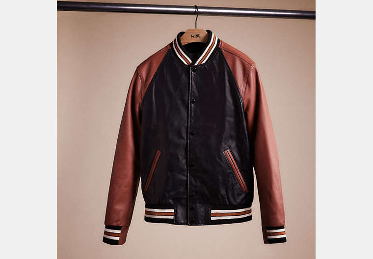 COACH®,RESTORED LEATHER VARSITY JACKET,Leather,Black/Tan,Front View