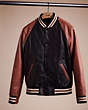 COACH®,RESTORED LEATHER VARSITY JACKET,Leather,Black/Tan,Front View