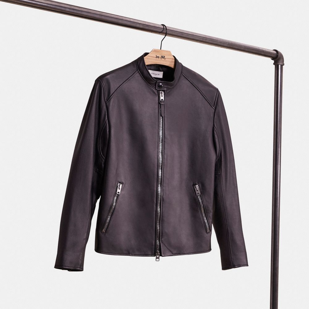 COACH®,RESTORED LEATHER RACER JACKET,Leather,Black,Front View