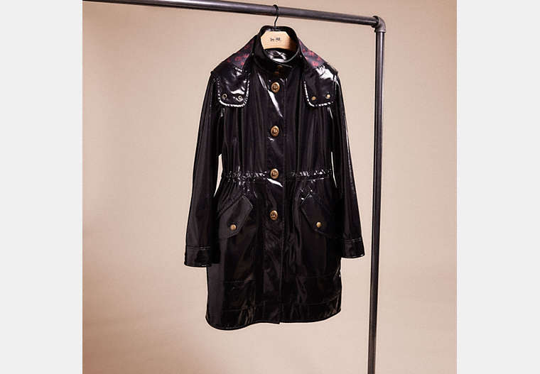 COACH®,RESTORED RAINCOAT WITH HORSE AND CARRIAGE PRINT LINING,Polyester,Black,Front View
