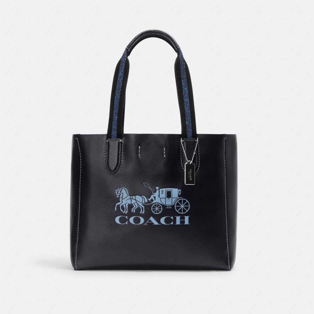 COACH®,DERBY TOTE BAG WITH HORSE AND CARRIAGE,Large,Silver/Midnight Navy Multi,Front View