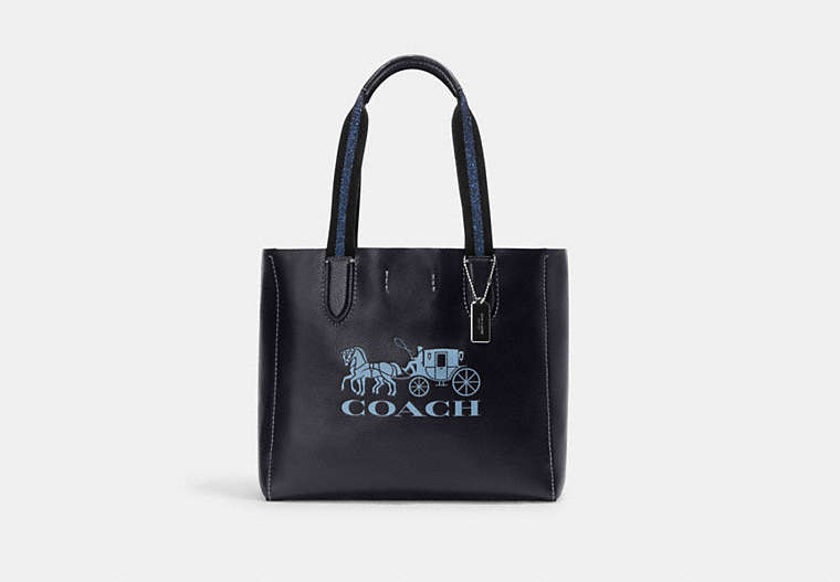 COACH®,DERBY TOTE BAG WITH HORSE AND CARRIAGE,Refined Pebble Leather,Large,Silver/Midnight Navy Multi,Front View