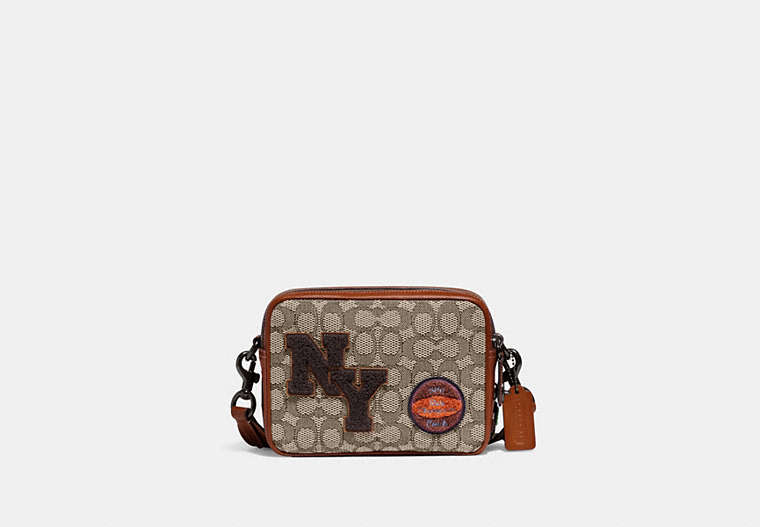 COACH®,FLIGHT BAG 19 IN SIGNATURE TEXTILE JACQUARD WITH VARSITY PATCHES,Signature Jacquard,Small,Cocoa Multi,Front View