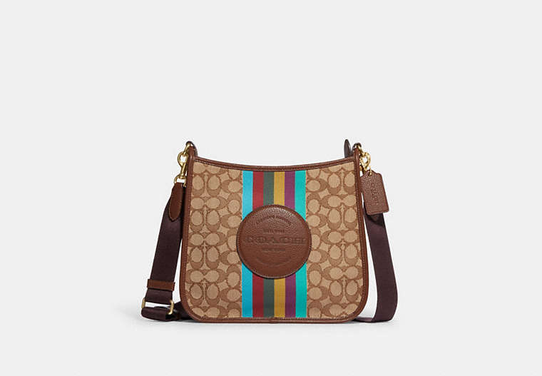 COACH®,DEMPSEY FILE BAG IN SIGNATURE JACQUARD WITH STRIPE AND COACH PATCH,Medium,Gold/Khaki/Redwood Multi,Front View