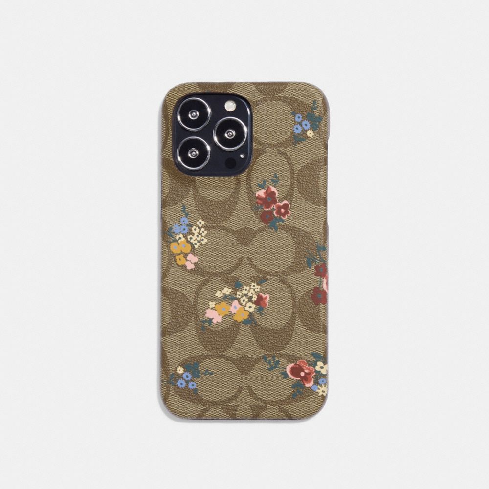 COACH®,IPHONE 14 PRO CASE IN SIGNATURE CANVAS WITH WILDFLOWER PRINT,Khaki Multi,Front View
