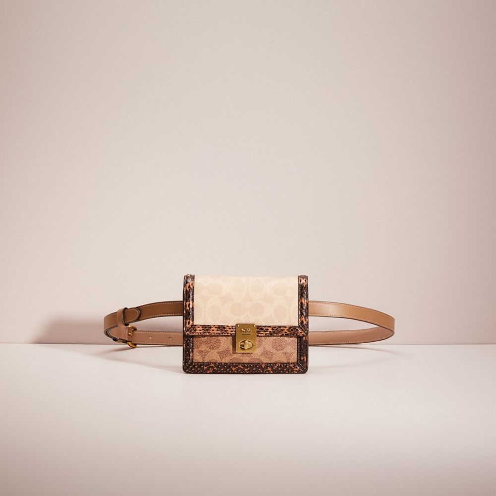 COACH®,RESTORED HUTTON BELT BAG IN BLOCKED SIGNATURE CANVAS WITH SNAKESKIN DETAIL,Glovetanned Leather,Mini,Brass/Tan Sand,Front View