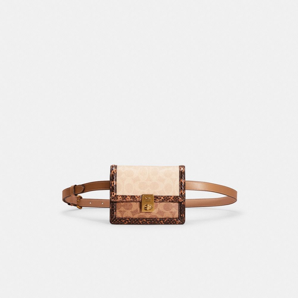 COACH®,RESTORED HUTTON BELT BAG IN BLOCKED SIGNATURE CANVAS WITH SNAKESKIN DETAIL,Glovetanned Leather,Mini,Brass/Tan Sand,Front View