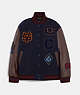 COACH®,OVERSIZED CLASSIC VARSITY JACKET IN RECYCLED WOOL AND RECYCLED POLYESTER,Wool/Polyester,Navy Multi,Front View