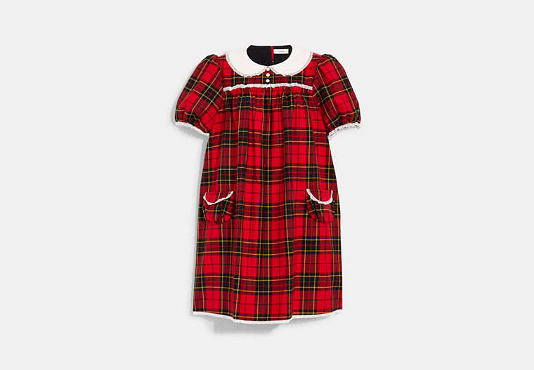 COACH®,TARTAN BABYDOLL DRESS WITH POCKETS,Wool/Polyester,Red Multi,Front View