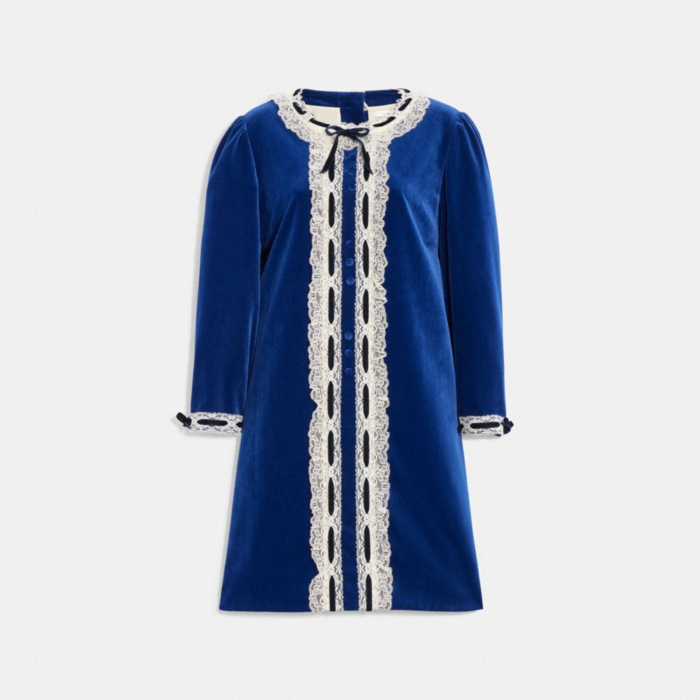 COACH®,VELVET DRESS WITH LACE TRIM,Blue,Front View