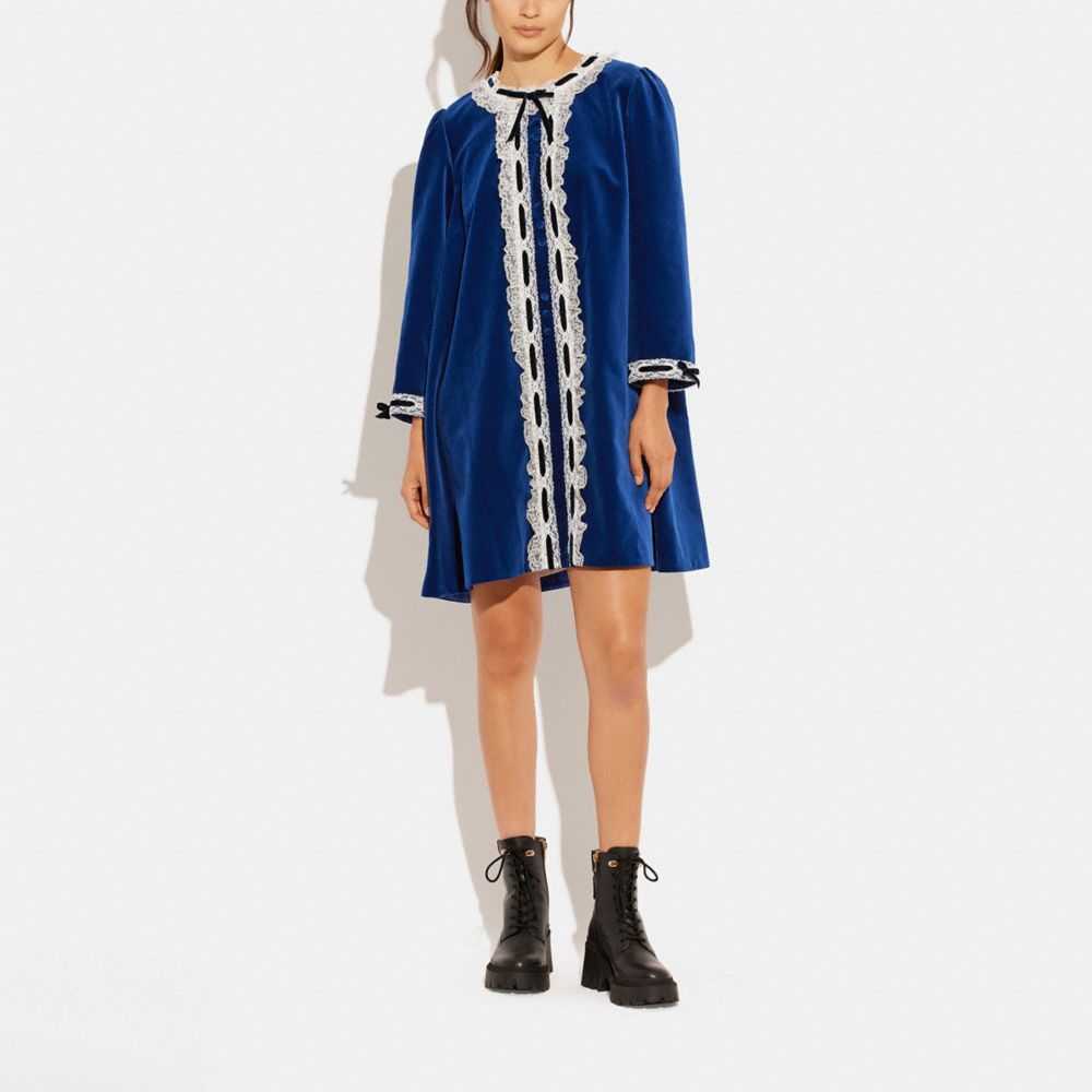 COACH®,VELVET DRESS WITH LACE TRIM,Blue,Scale View